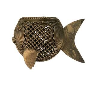 Vintage Dhokra Fish Brass Gold Tone Metal Filigree Vase Planter Pen Holder Decor